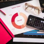 Stock photo of business charts, calculator, and eyeglasses on a desk.